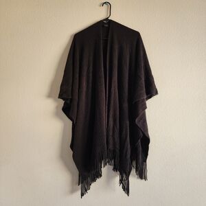 dark knit ruana wrap with fringe Black One Size